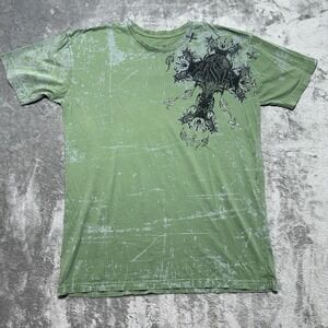 Raw State Y2K Grunge Gothic Cross Angel Wings Graphic T-Shirt Green 2XL